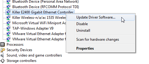 replace killer e2400 gigabit ethernet controller driver with intel