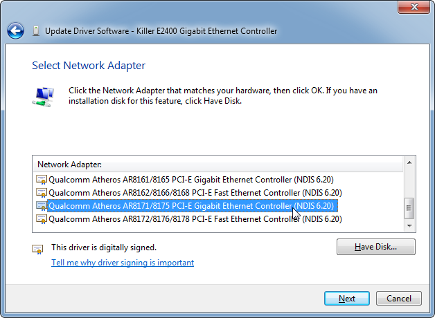 qualcomm atheros fast ethernet controller ndis